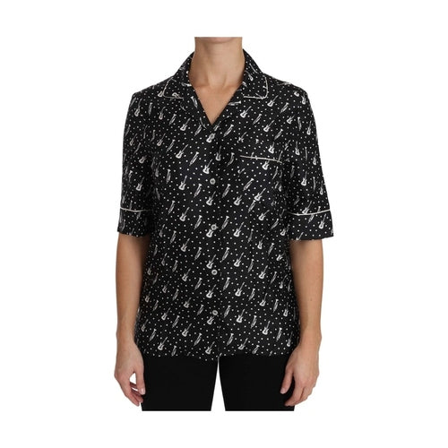 Dolce & Gabbana Black GuitarTrumpet Print Silk Shirt Top