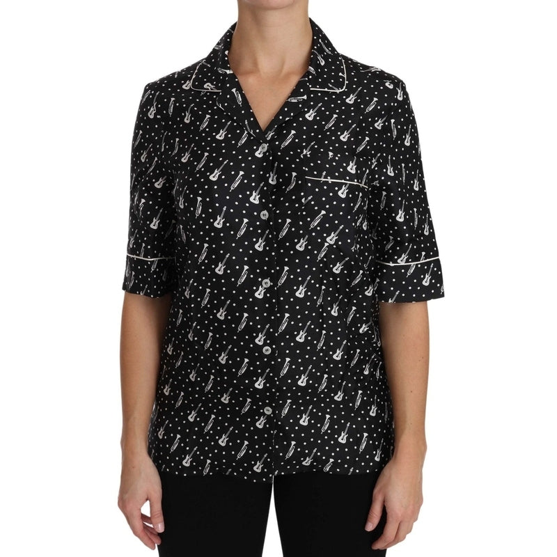 Dolce & Gabbana Black GuitarTrumpet Print Silk Shirt Top