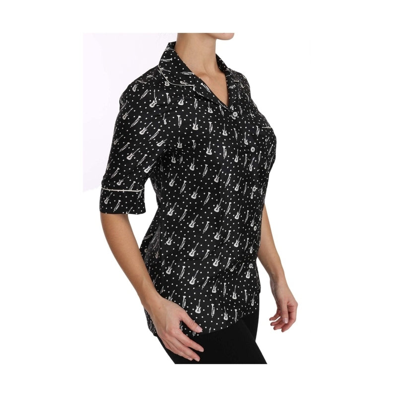Dolce & Gabbana Black GuitarTrumpet Print Silk Shirt Top