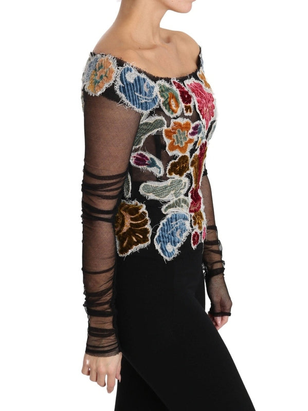 Dolce & Gabbana Black Floral Ricamo Top T-shirt Blouse
