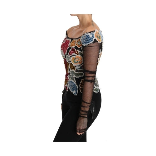 Dolce & Gabbana Black Floral Ricamo Top T-shirt Blouse