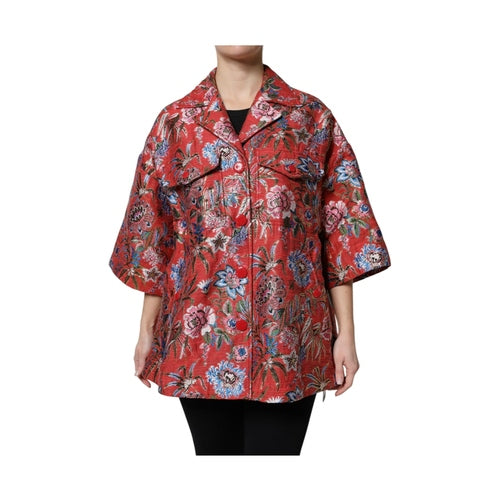 Dolce & Gabbana Red Floral Jacquard Button Down Coat Jacket
