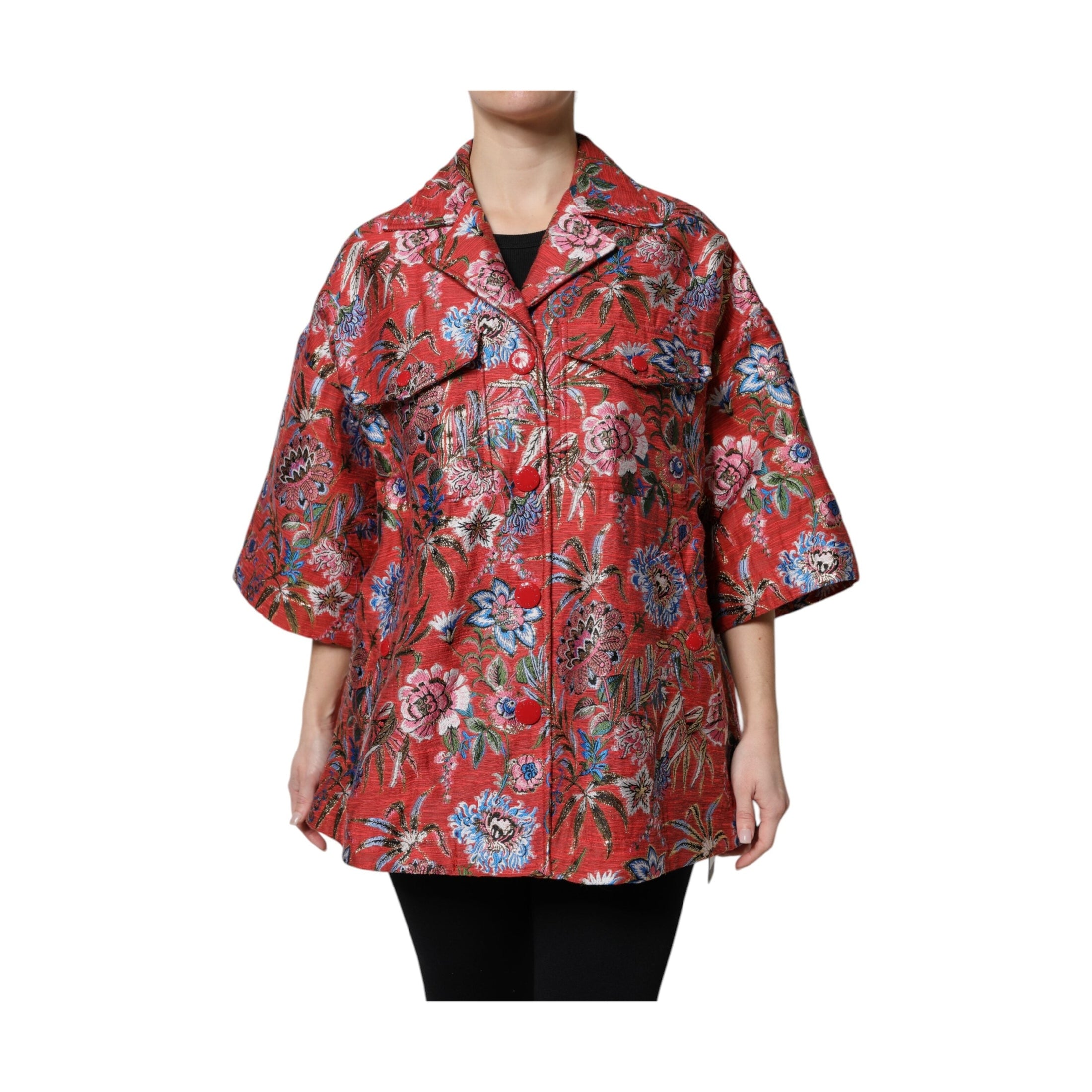 Dolce & Gabbana Red Floral Jacquard Button Down Coat Jacket