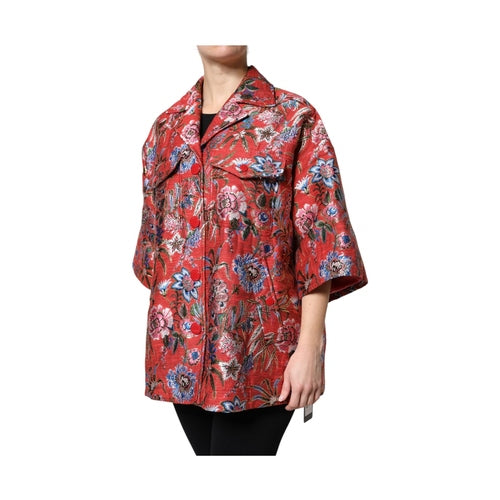 Dolce & Gabbana Red Floral Jacquard Button Down Coat Jacket