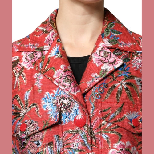 Dolce & Gabbana Red Floral Jacquard Button Down Coat Jacket