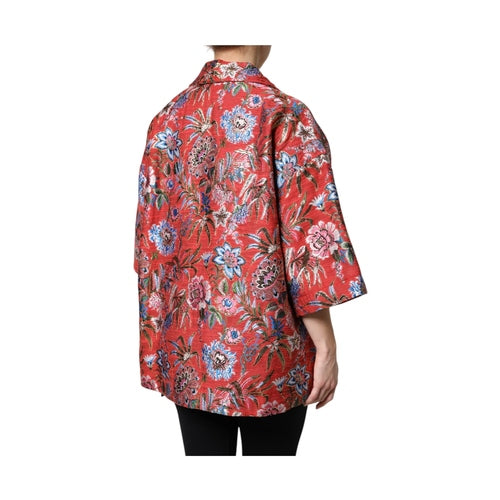 Dolce & Gabbana Red Floral Jacquard Button Down Coat Jacket
