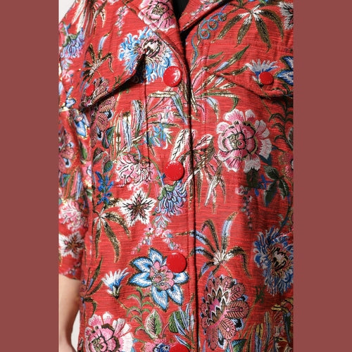 Dolce & Gabbana Red Floral Jacquard Button Down Coat Jacket