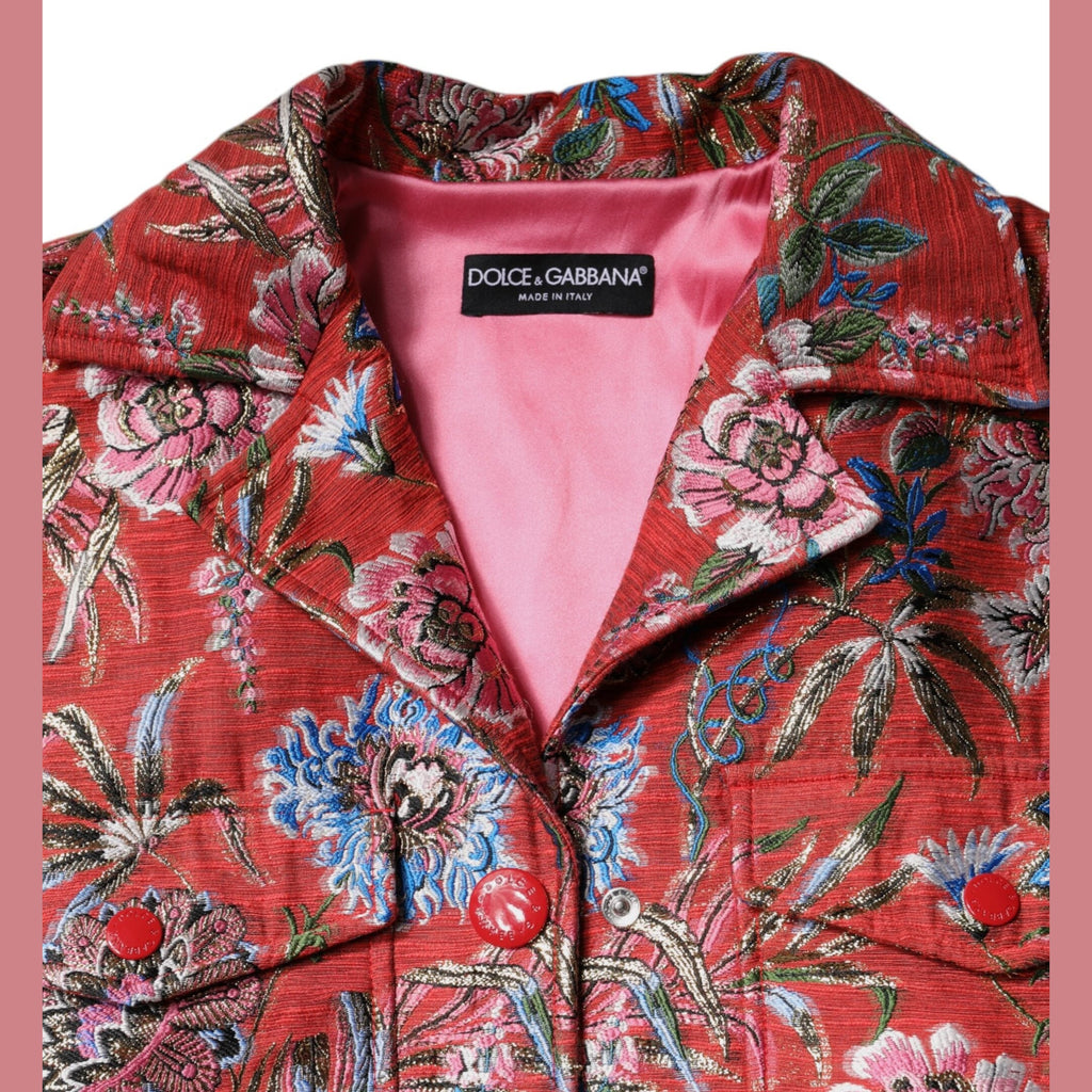 Red Floral Jacquard Button Down Coat Jacket