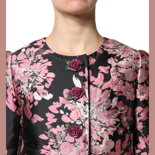 Dolce & Gabbana Pink Black Floral Brocade Trenchcoat Jacket