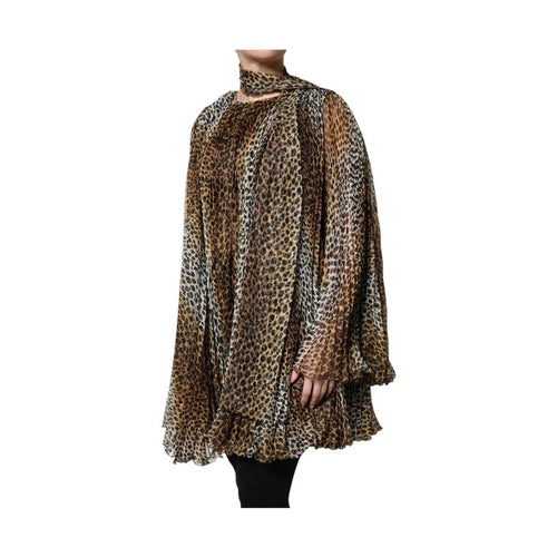 Dolce & Gabbana Brown Leopard Print Scarf Collared Chiffon Dress