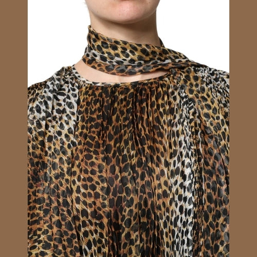 Dolce & Gabbana Brown Leopard Print Scarf Collared Chiffon Dress
