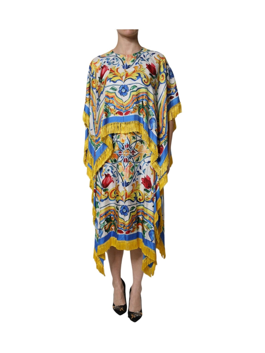 Dolce & Gabbana Multicolor Majolica Kaftan Short Sleeves Maxi Dress