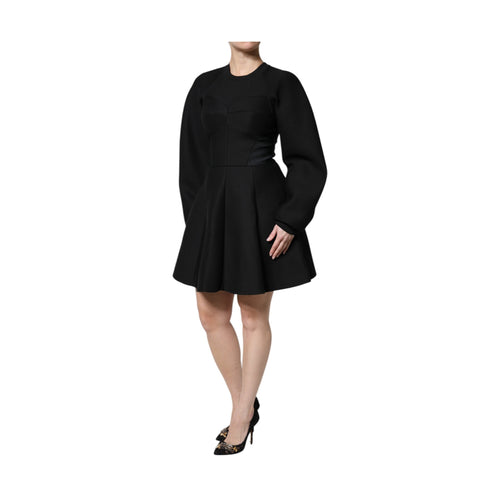 Black Cotton Long Sleeves A-line Mini Dress