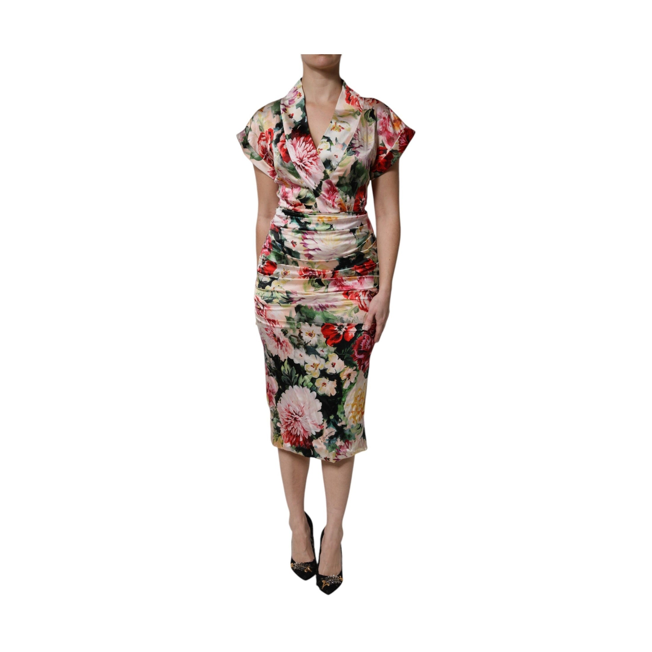 Dolce & Gabbana Multicolor Floral Short Sleeves Sheath Midi Dress