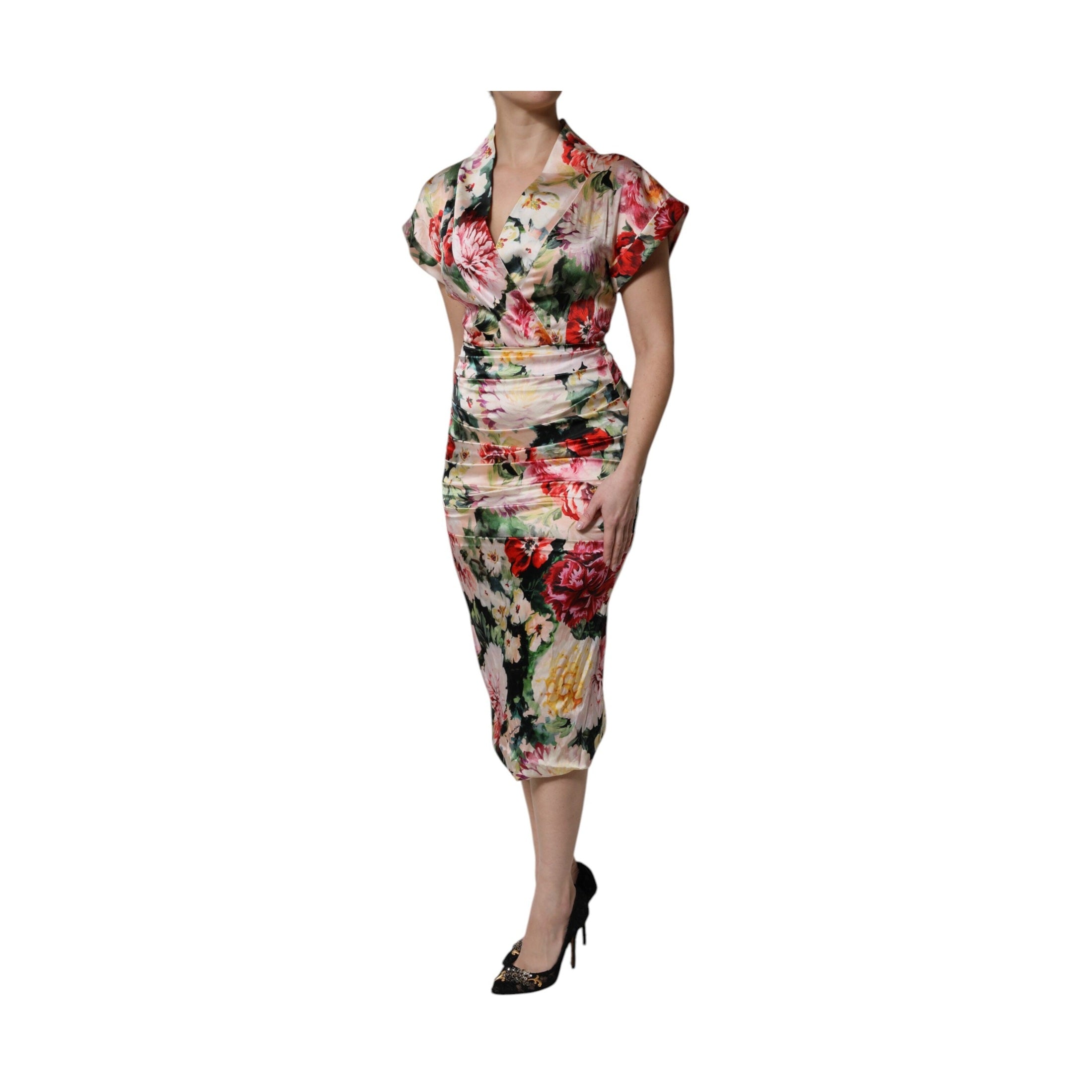 Dolce & Gabbana Multicolor Floral Short Sleeves Sheath Midi Dress