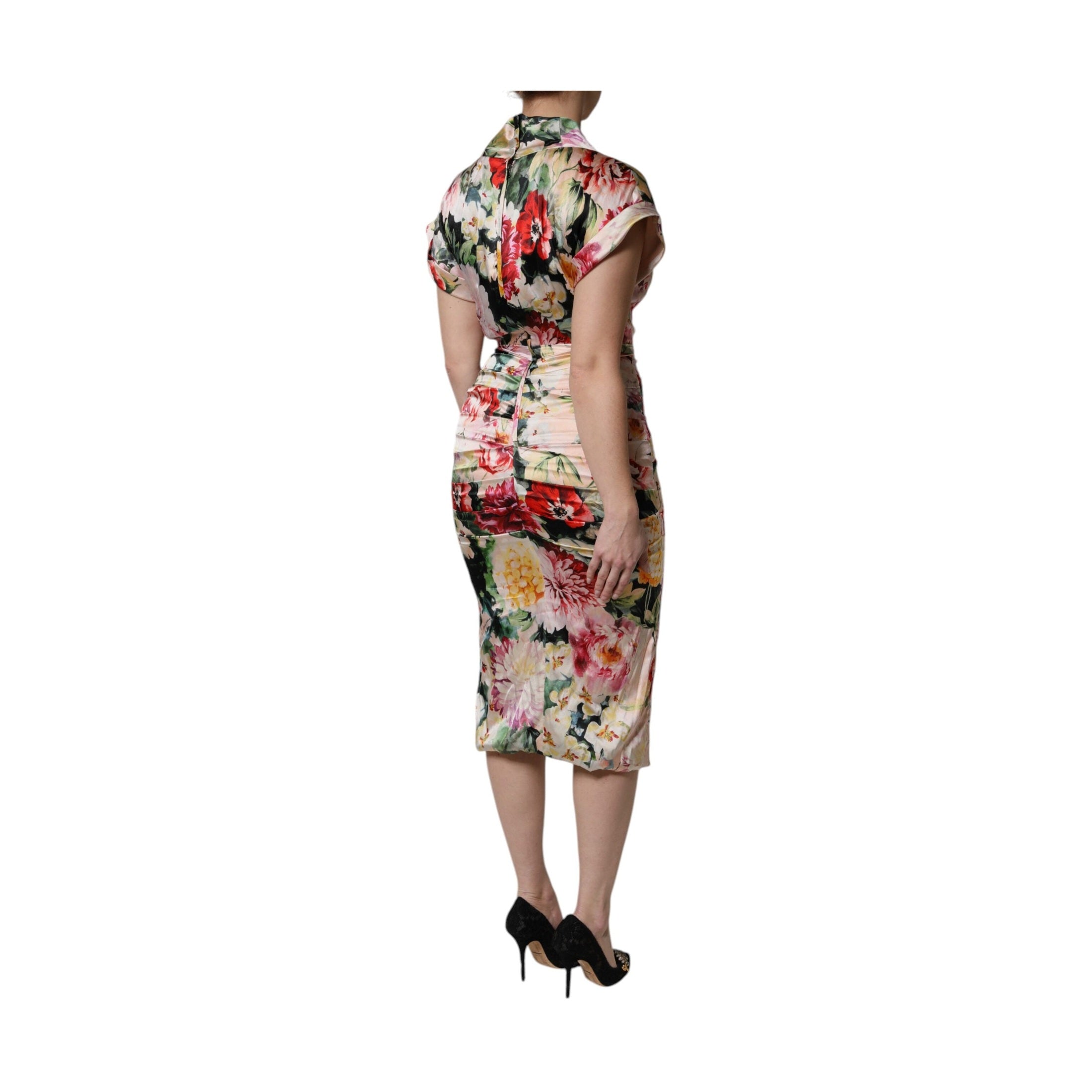Dolce & Gabbana Multicolor Floral Short Sleeves Sheath Midi Dress