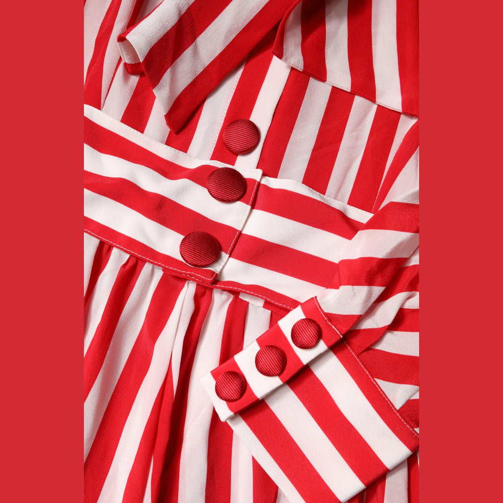 White Red Stripes Long Sleeves Midi Dress