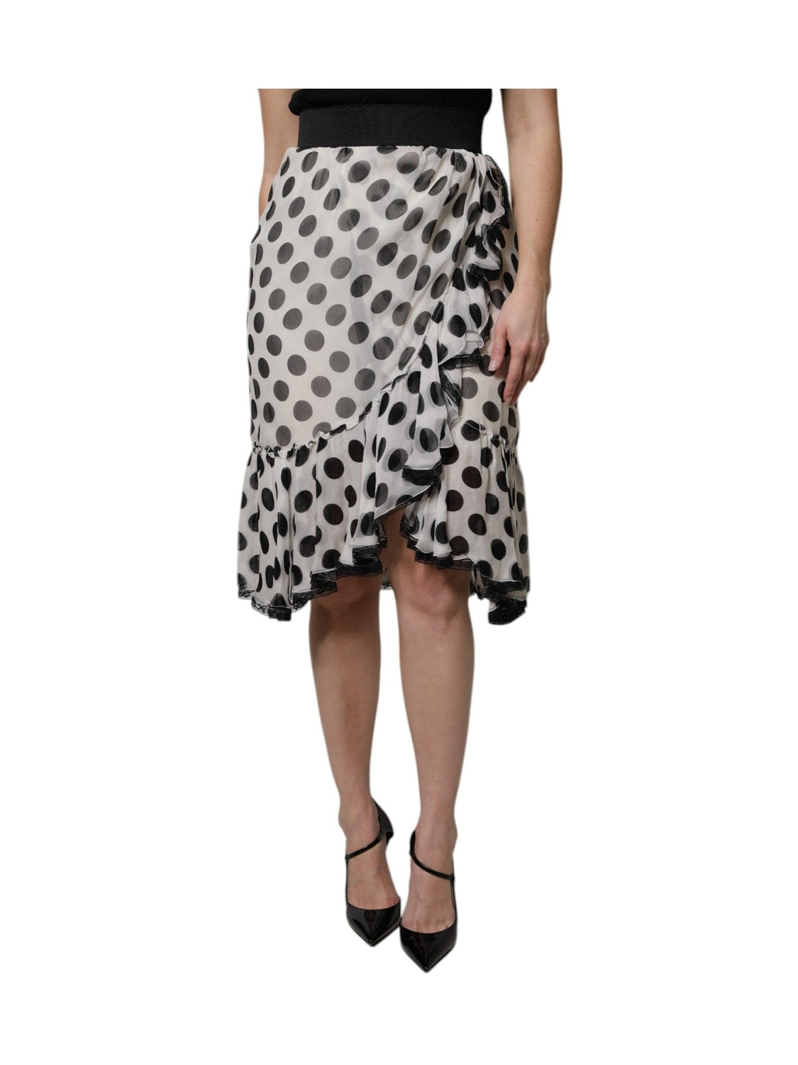 Dolce & Gabbana White Black Polka Dots Knee Length Skirt