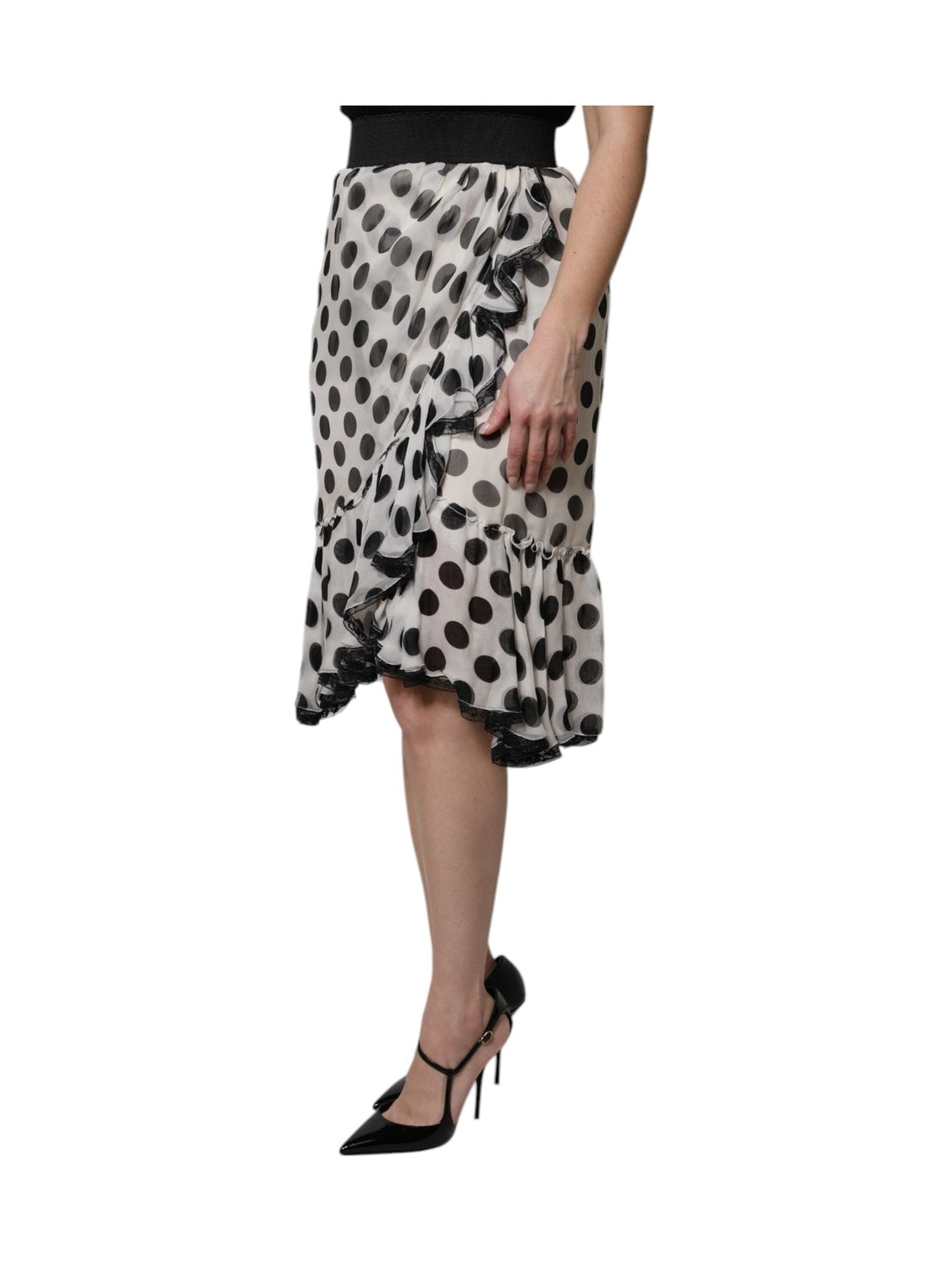 Dolce & Gabbana White Black Polka Dots Knee Length Skirt