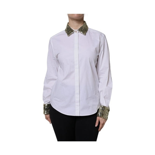 Dolce & Gabbana White Cotton Long Sleeves Sequin Shirt Top