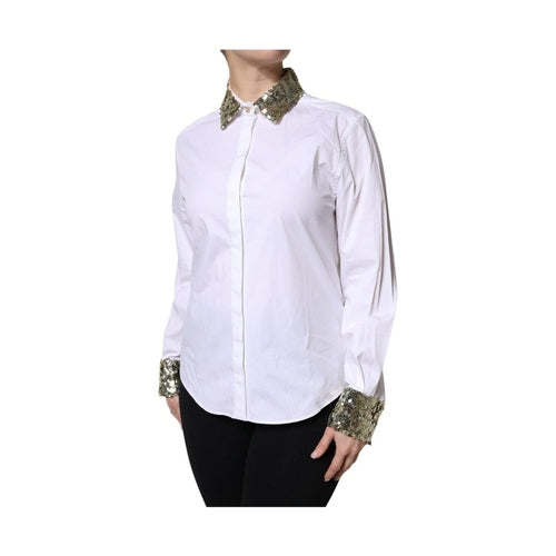 Dolce & Gabbana White Cotton Long Sleeves Sequin Shirt Top