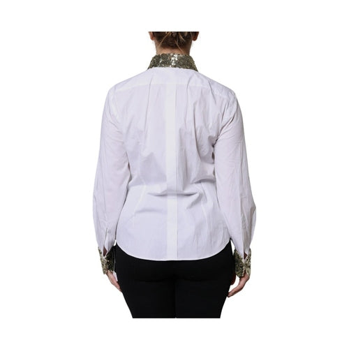 Dolce & Gabbana White Cotton Long Sleeves Sequin Shirt Top