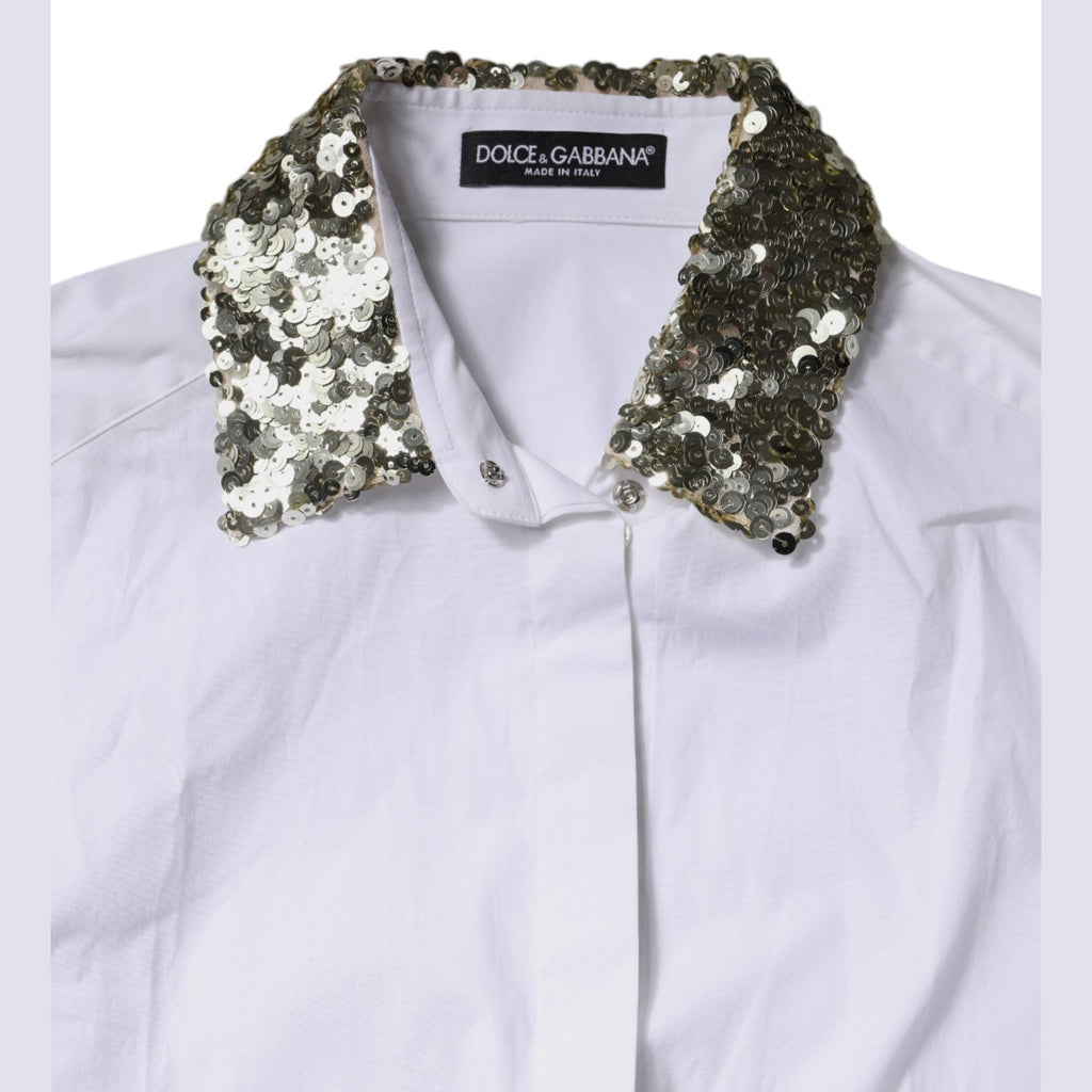 White Cotton Long Sleeves Sequin Shirt Top