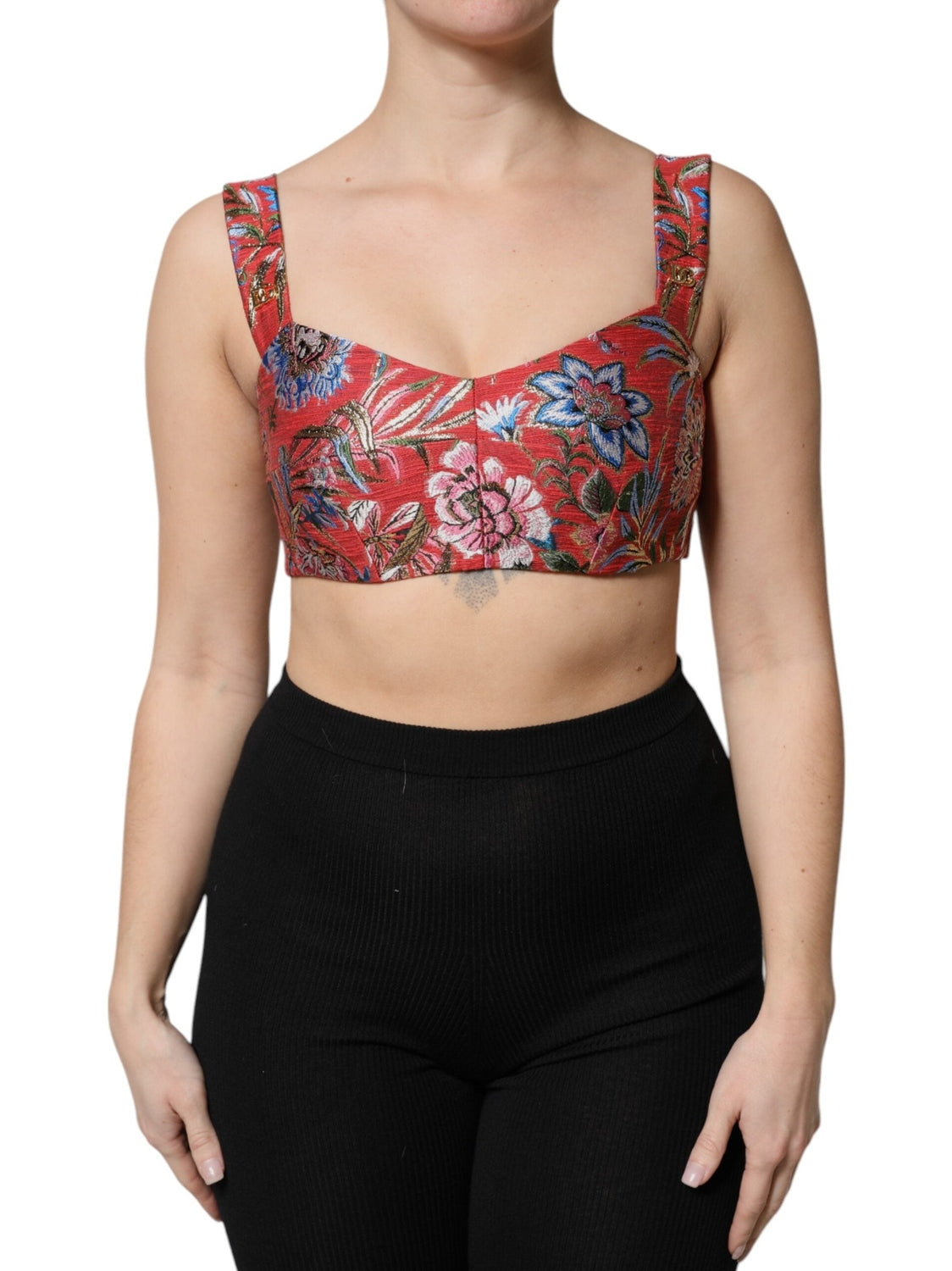 Dolce & Gabbana Red Floral Brocade Cropped Bustier Corset Top
