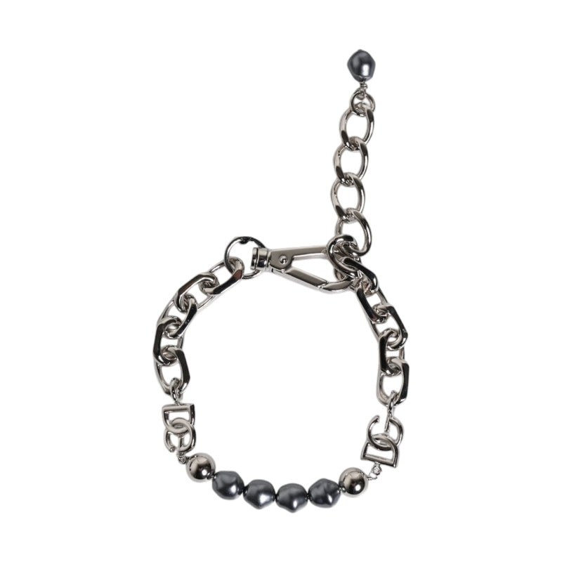 Dolce & Gabbana Silver Tone Chain Lobster Clasp Logo Gray Pearls Bracelet