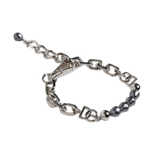 Dolce & Gabbana Silver Tone Chain Lobster Clasp Logo Gray Pearls Bracelet