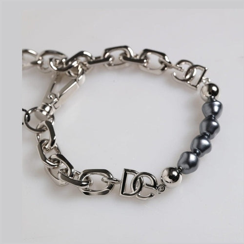 Dolce & Gabbana Silver Tone Chain Lobster Clasp Logo Gray Pearls Bracelet