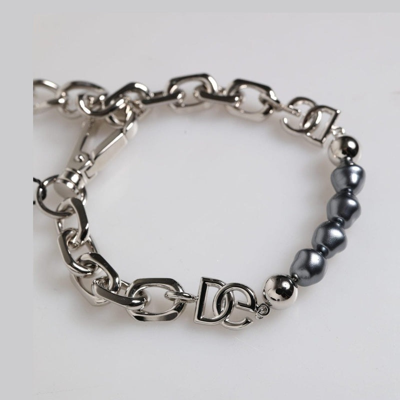 Dolce & Gabbana Silver Tone Chain Lobster Clasp Logo Gray Pearls Bracelet