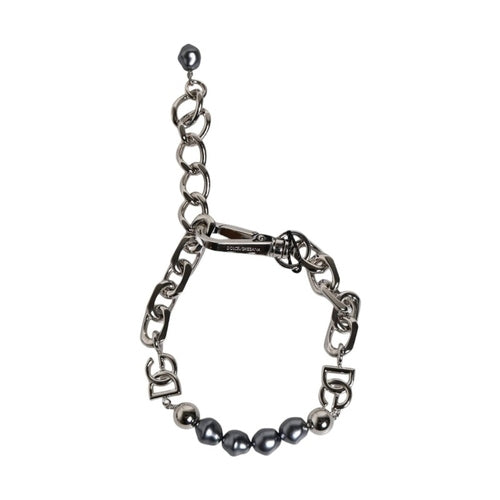 Dolce & Gabbana Silver Tone Chain Lobster Clasp Logo Gray Pearls Bracelet