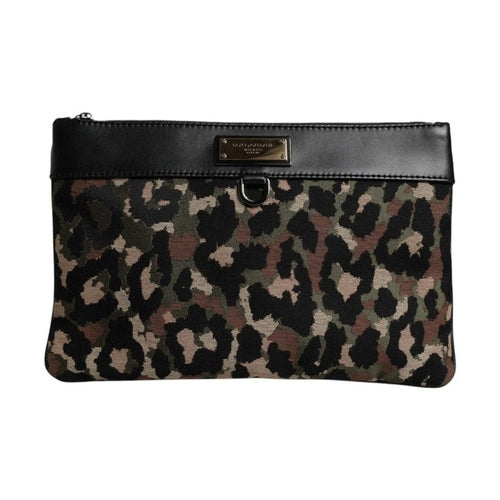 Dolce & Gabbana Multicolor Leopard Jacquard Print Logo Plaque Pouch Bag