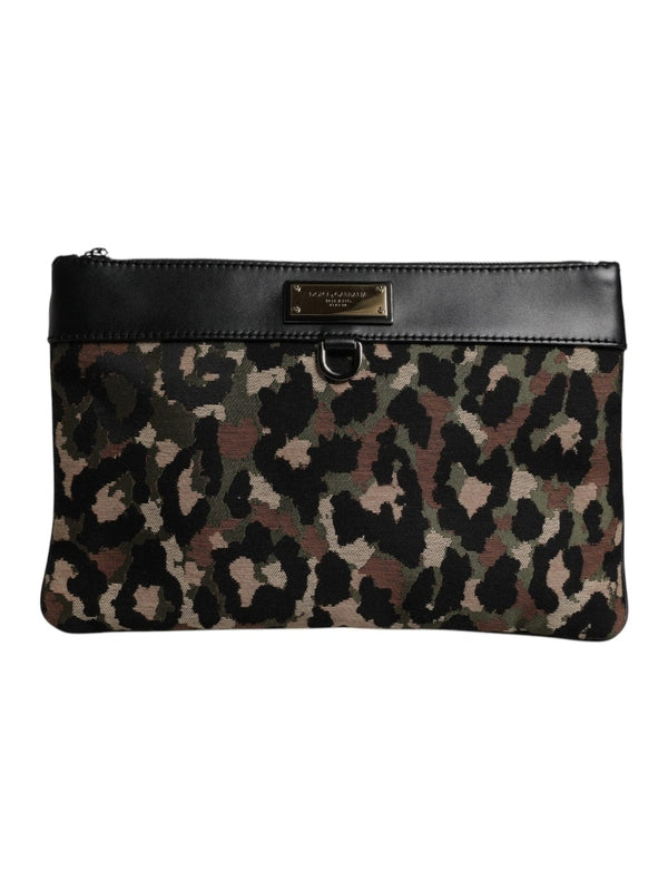 Dolce & Gabbana Multicolor Leopard Jacquard Print Logo Plaque Pouch Bag