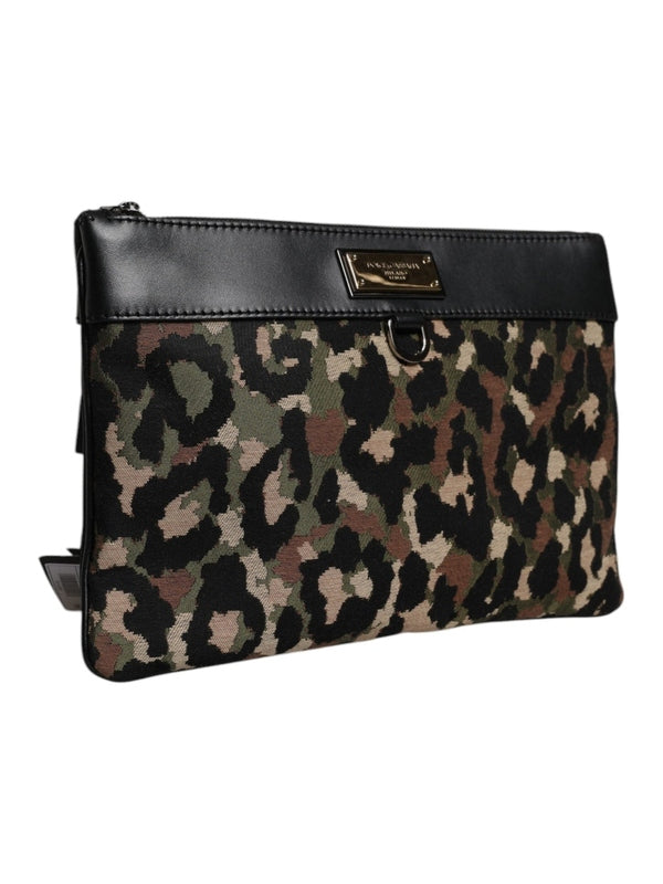 Dolce & Gabbana Multicolor Leopard Jacquard Print Logo Plaque Pouch Bag