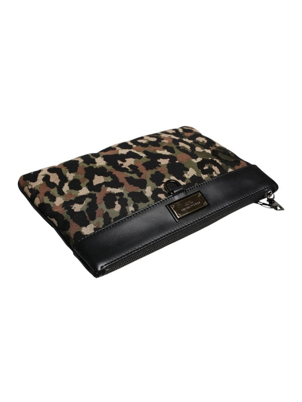 Dolce & Gabbana Multicolor Leopard Jacquard Print Logo Plaque Pouch Bag