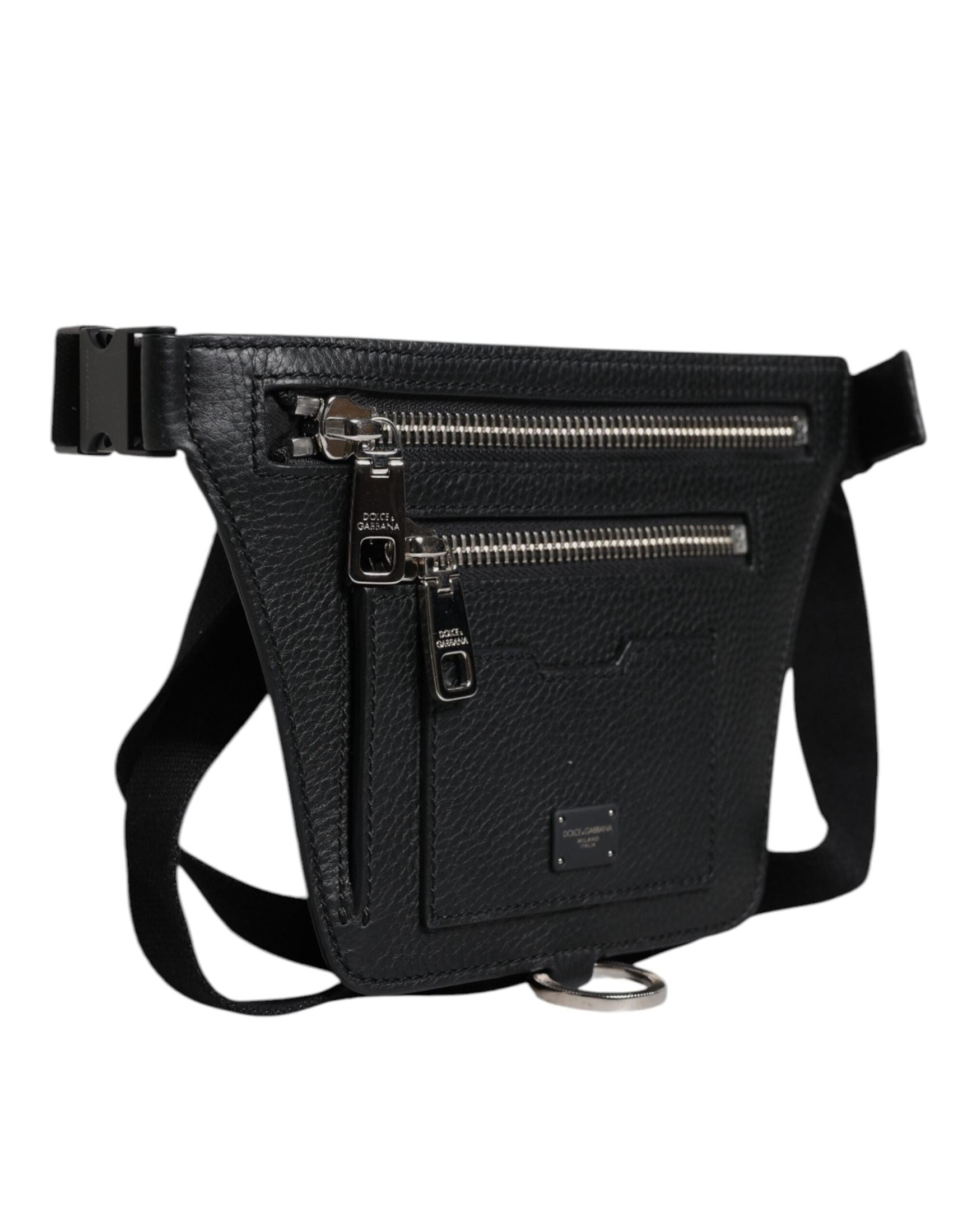 Dolce & Gabbana Black Calfskin Logo Plaque Belt Waist Men Fanny Pack Bag