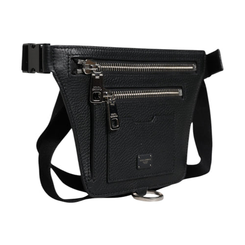 Black Calfskin Logo Plaque Belt Waist Men Fanny Pack Bag