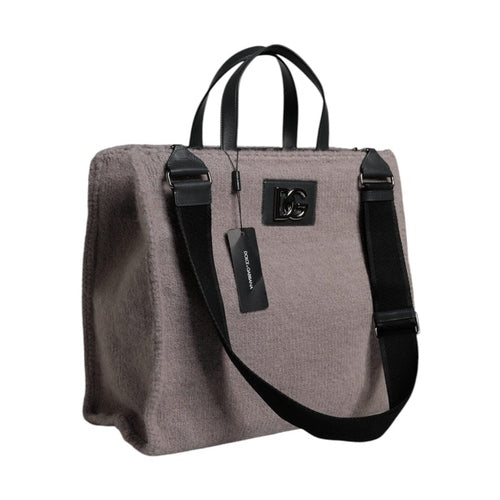 Dolce & Gabbana Grey Alpaca Wool Logo Plaque Tote Shoulder Bag