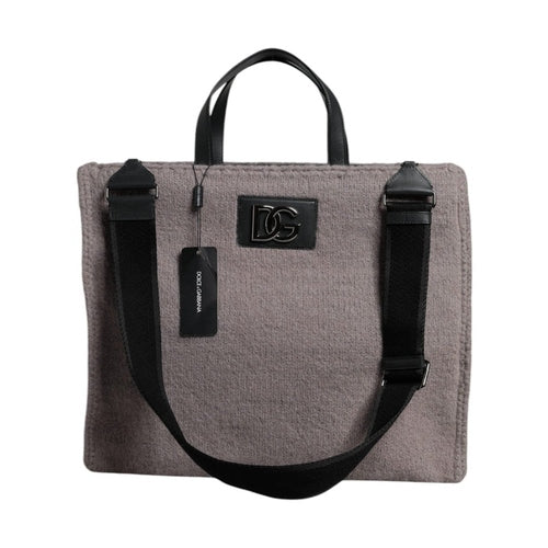 Dolce & Gabbana Grey Alpaca Wool Logo Plaque Tote Shoulder Bag