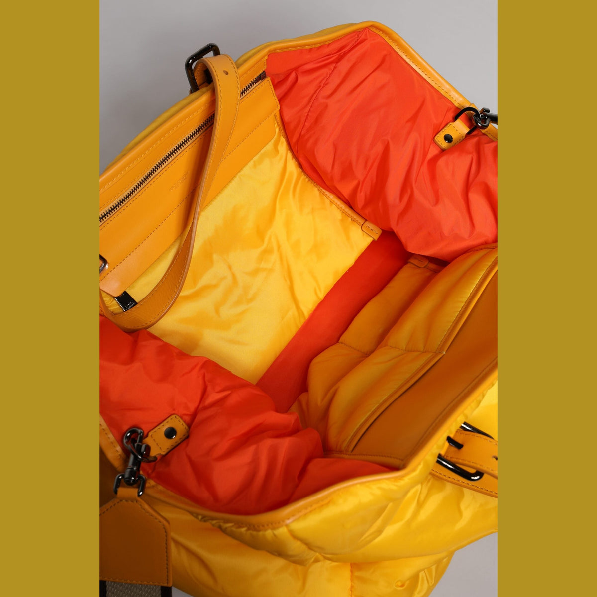 Yellow Orange Nylon Logo Plaque Hand Shoulder Duffle Bag