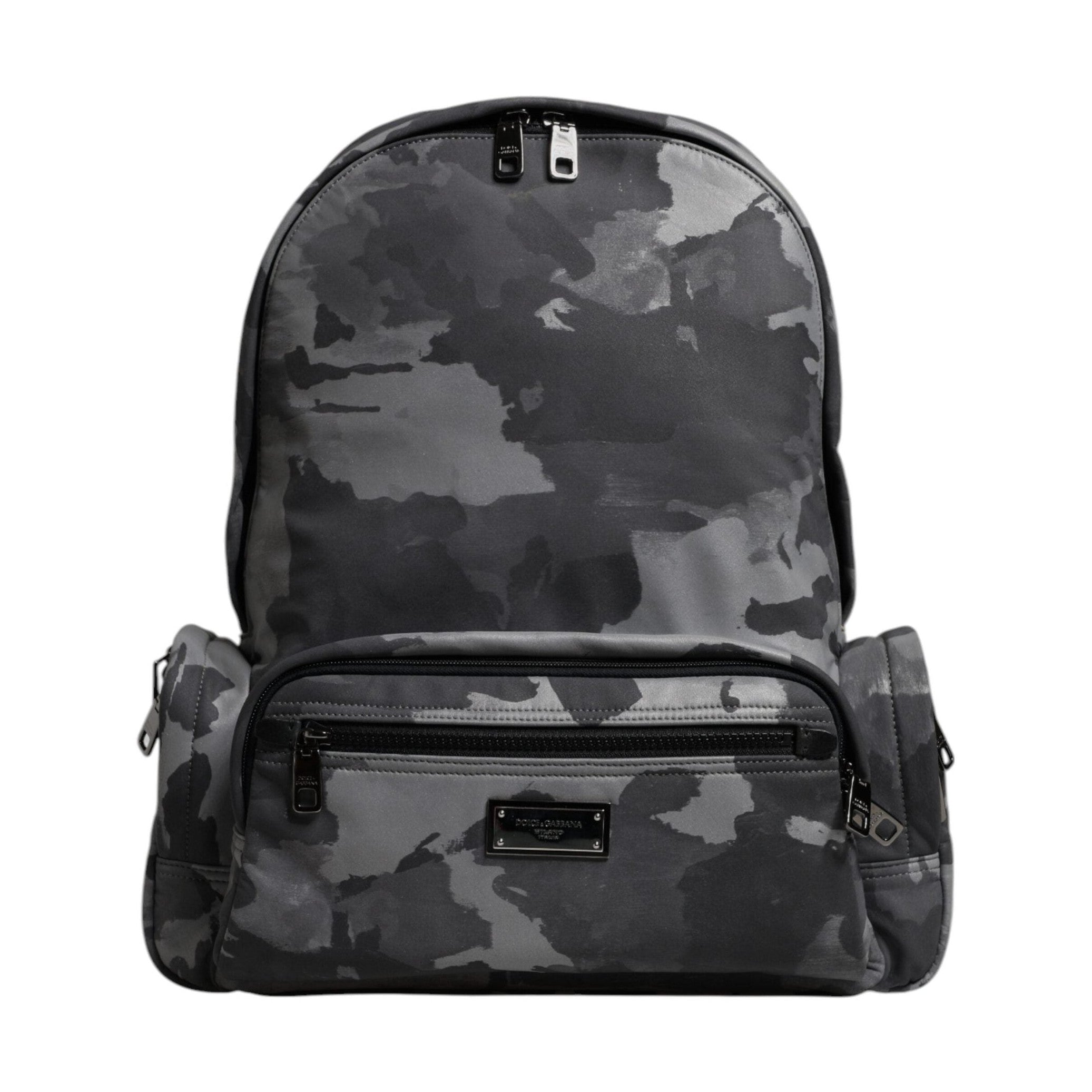 Dolce & Gabbana Gray Cotton Camouflage Logo Plaque Backpack Bag