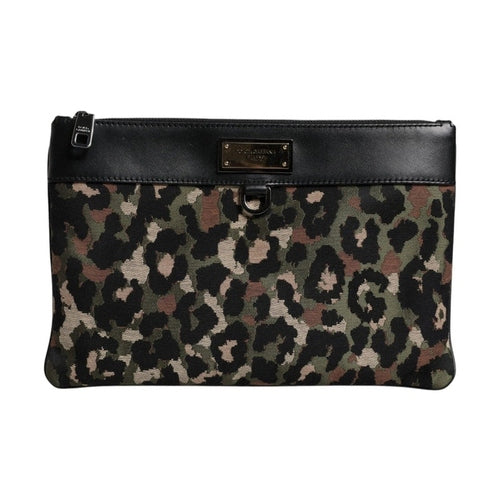 Dolce & Gabbana Multicolor Leopard Jacquard Print Logo Plaque Pouch Bag