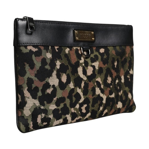 Dolce & Gabbana Multicolor Leopard Jacquard Print Logo Plaque Pouch Bag