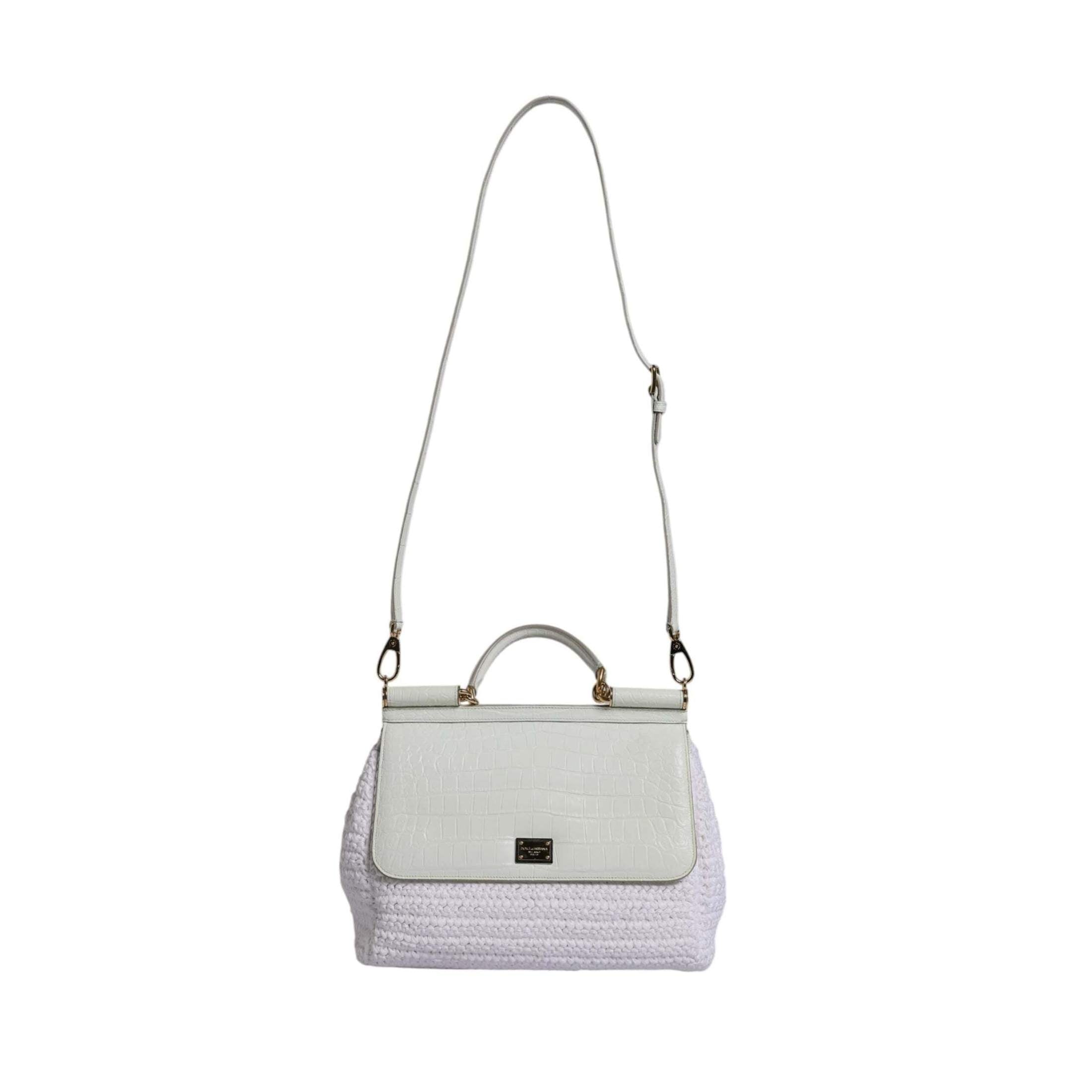 Dolce & Gabbana White Rafia Leather Top Handle Crossbody Bag
