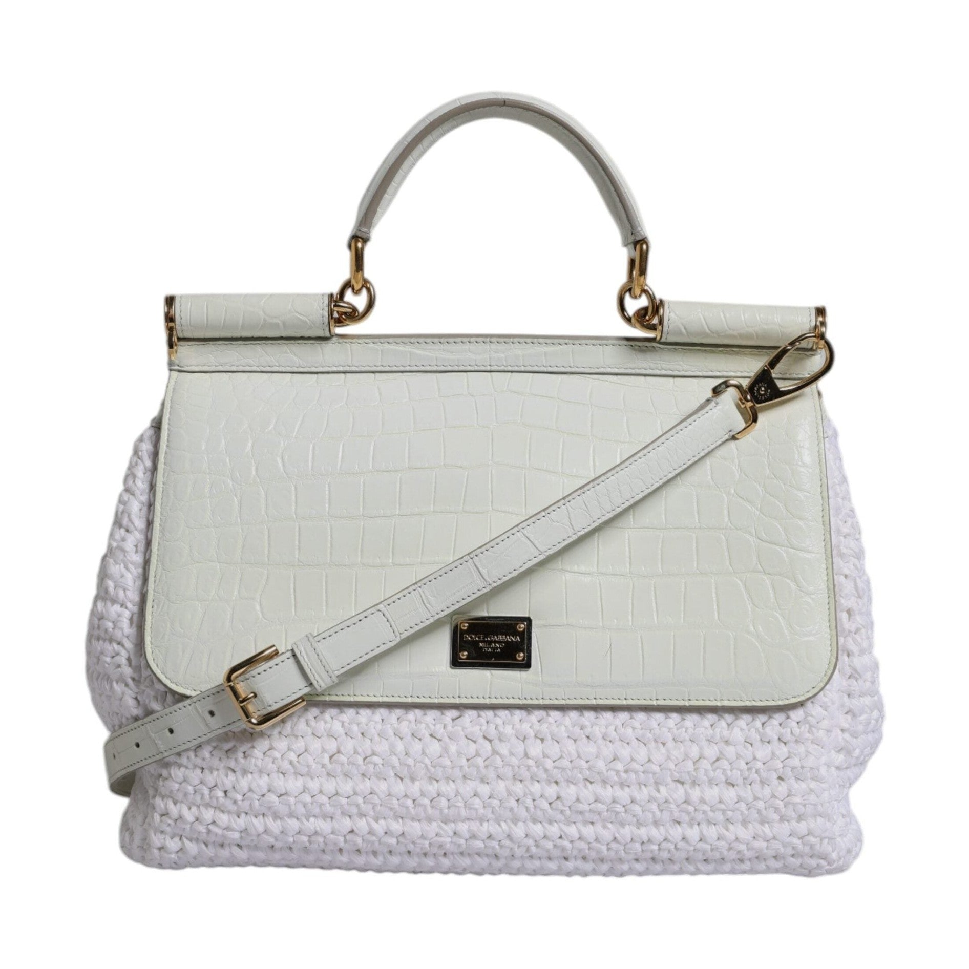 Dolce & Gabbana White Rafia Leather Top Handle Crossbody Bag