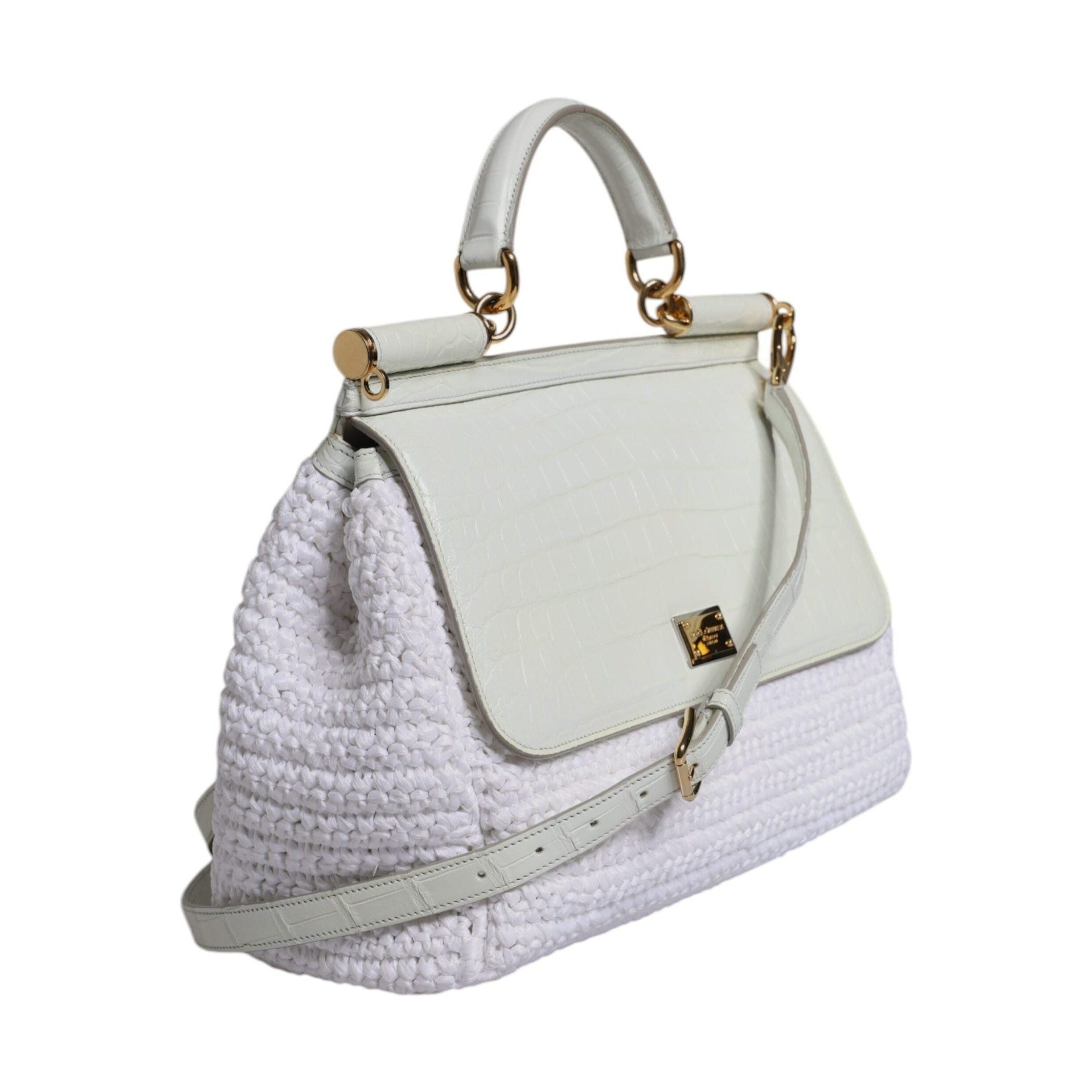 Dolce & Gabbana White Rafia Leather Top Handle Crossbody Bag