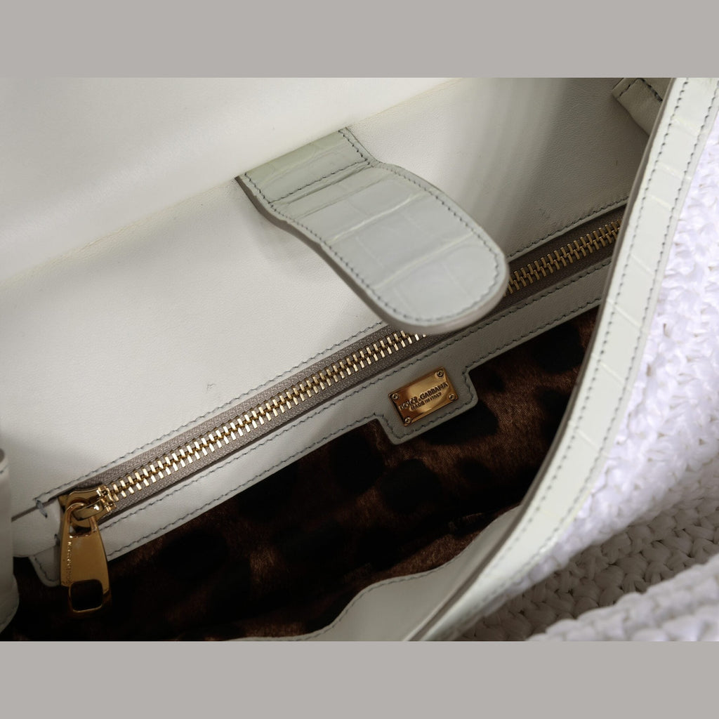 White Rafia Leather Top Handle Crossbody Bag