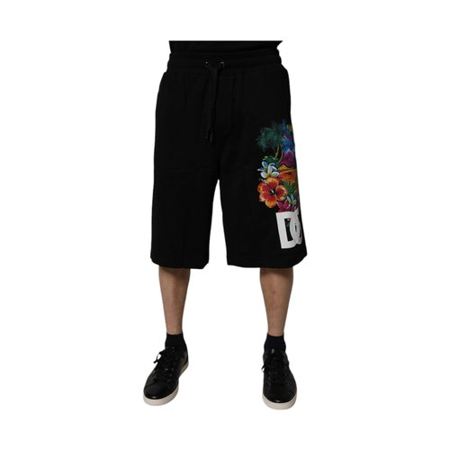 Dolce & Gabbana Black Cotton Logo Floral Print Bermuda Shorts